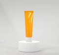 3D Sunscreen tube on podium mock up banner. Beauty cosmetic cream, skincare lotion, blank orange container on white Royalty Free Stock Photo