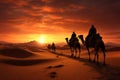 3D sunset scene Camel caravan journeys across Arabian desert dunes