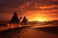 3D sunset scene Camel caravan journeys across Arabian desert dunes