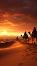 3D sunset scene Camel caravan journeys across Arabian desert dunes