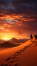 3D sunset scene Camel caravan journeys across Arabian desert dunes