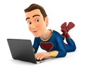 3d superhero lying on the floor and using laptop