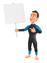 3d surfer holding blank sign board Royalty Free Stock Photo