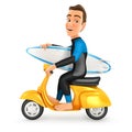 3d surfer riding scooter with surfboard