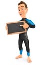 3d surfer standing with slate chalkboard