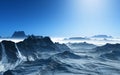 3D surreal landscape with snowy mountains