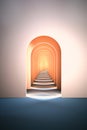 3d surreal render. Abstract arch tunnel peach fuzz color vertical background.