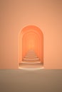 3d surreal render. Abstract arch tunnel peach fuzz color vertical background.