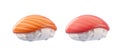 3d sushi set. Salmon nigiri sushi and tuna sushi nigiri isolated on white background. Cute Japanese food icon. 3D Royalty Free Stock Photo