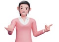 3d sweet girl in pink sweater come here gesture and pointing to the side