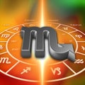 3D Symbols of zodiac sign Scropio and horoscope wheel on the orange background Royalty Free Stock Photo