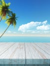 3D table looking out to a palm tree and sea landscape Royalty Free Stock Photo