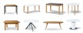 3D tables. Kitchen stand furniture. Desk with platform and legs. Office plastic stage. Dining wooden tabletop. Isolated