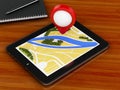 3d tablet pc with navigator map and pointer marker on city.