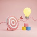 3D Target with Arrow, Light Bulb, and Blocks on Pink Background dartboard bullseye Royalty Free Stock Photo