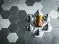 3d target icon with golden pawn standing center in group of silver pawn chess pieces on hexagon pattern background with space. Royalty Free Stock Photo