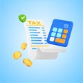 3d tax bill or receipt with calculator, coins, checkmark, isolated on background. Concept for tax accounting banner