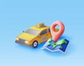 3D taxi car sedan and paper map isolated Royalty Free Stock Photo