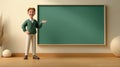 3D teacher character in bright classroom presenting elegant educational moment shaped by minimal layout and refined materials Royalty Free Stock Photo