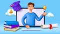 3D teacher. Student training online. People character on English course or class in computer. Render laptop and books