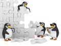 3d Team of penguins solve a puzzle