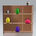 3d teapots in brown cupboard