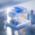 3D tech glass morphism abstraction - ? transparent glass cube containing a sphere sits on a table Royalty Free Stock Photo