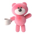 3d teddy bear cartoon character with pink soft fluffy fur drinking a cup of coffee or tea, 3d illustration