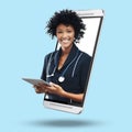 3d telehealth doctor, phone and online with screen, tablet and portrait for app by blue background. Medic woman, face or Royalty Free Stock Photo