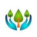 Human hands protect trees vector icon.