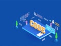3D text Code with miniature developers working with different pr