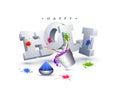 3D text Holi with bucket and color guns illustration on white background. Royalty Free Stock Photo