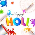 3D text Holi with buckets and color guns on color splash background.