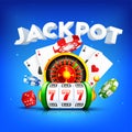 3D text Jackpot with roulette wheel, slot machine, playing card and casino chip on blue background.