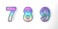 3D text of the letter 789 in the style of soap bubbles with a rainbow tint Royalty Free Stock Photo