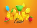 3D text Summer with element such as mango, lemon, ice cream, mocktail, watermelon and strawberry illustration.