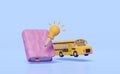 3d textbook plasticine, close book with school bus, light bulb, pencil clay isolated on blue. idea tip education, knowledge