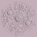 3d textured chamomiles daisies pattern with circles round frames. Embossed surface floral pink background. Vector relief backdrop