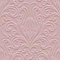 3d textured ornamental vintage emboss Baroque Damask pink seamless pattern with surface flowers, leaves. Vector relief royal Royalty Free Stock Photo