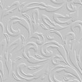 3d textured ornamental vintage emboss Baroque Damask white leafy seamless pattern with surface flowers, leaves. Vector relief