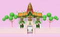 3d thai temple wall, castle with giant gatekeeper, tree isolated on pink background. 3d render illustration, clipping path