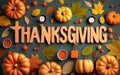 3D Thanksgiving orange text illustration background with 3D realistic pumpkins, candles, and maple leaves.