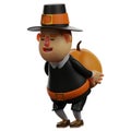 3D Thanksgiving Pilgrim Man Cartoon Design carrying a pumpkin on his back