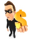 3d thief holding gold dollar sign