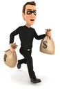 3d thief running with bags of money