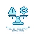 2D thin line blue warning and gear on weight scale icon Royalty Free Stock Photo