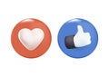 3D Thumb up and heart icon render vector. Vector like and love icon modern cartoon. Ready like and love button for web Royalty Free Stock Photo