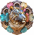 3D Tiger brooche carved in metal - AI generated art Royalty Free Stock Photo