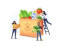 3D Tiny People Filling Cardboard Donation Box with Different Food and Products for Help to Poor People Support Royalty Free Stock Photo