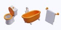 3D toilet with raised lid, bathtub with faucet, towel holder. Isolated color vector image, top view